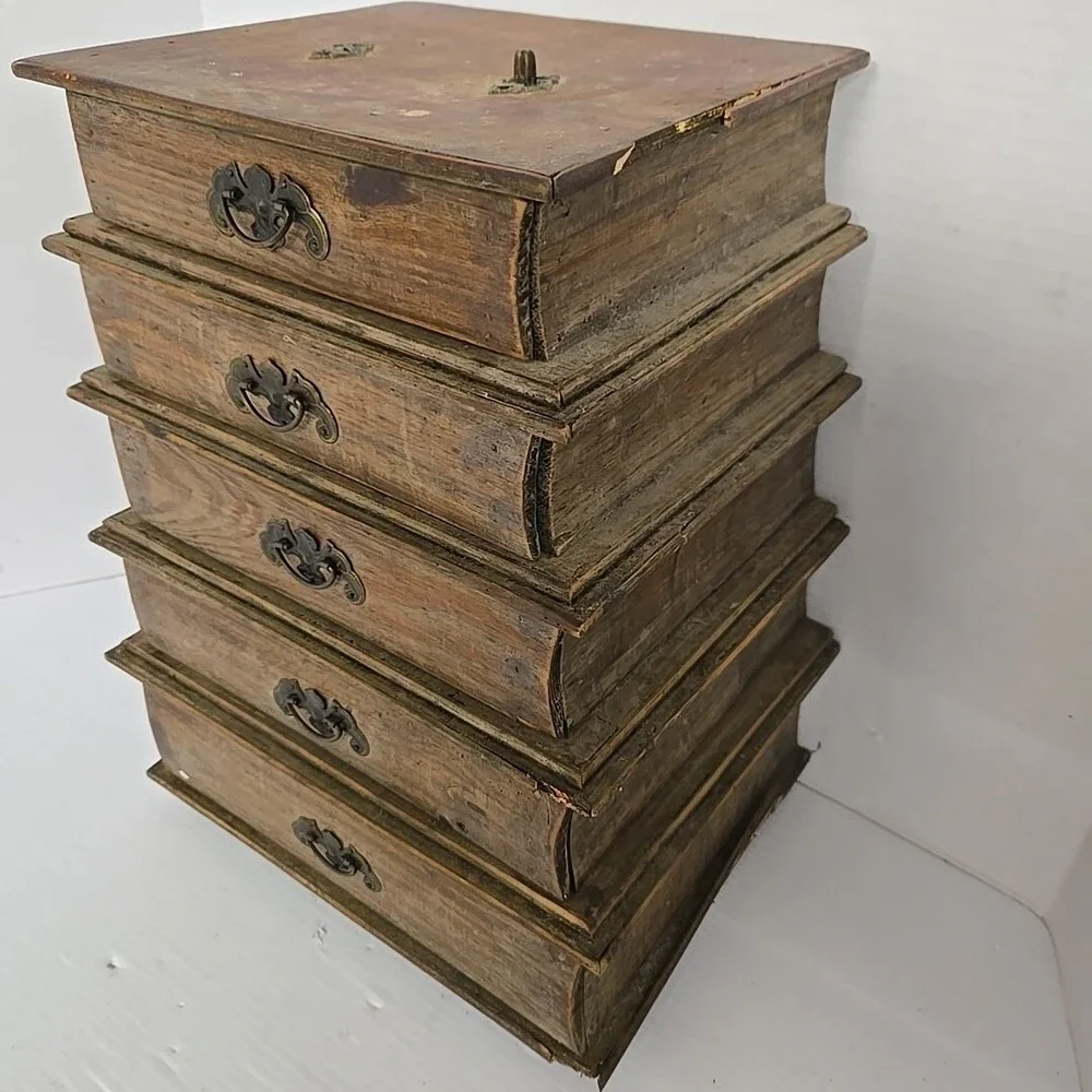Antique Chinese Wood Carved 5 Drawer Pagoda Handle Storage Jewelry Box